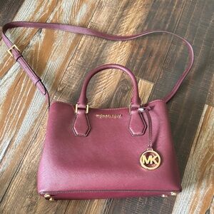 Michael Kors Wine Saffiano Leather Satchel with Gold Hardware
